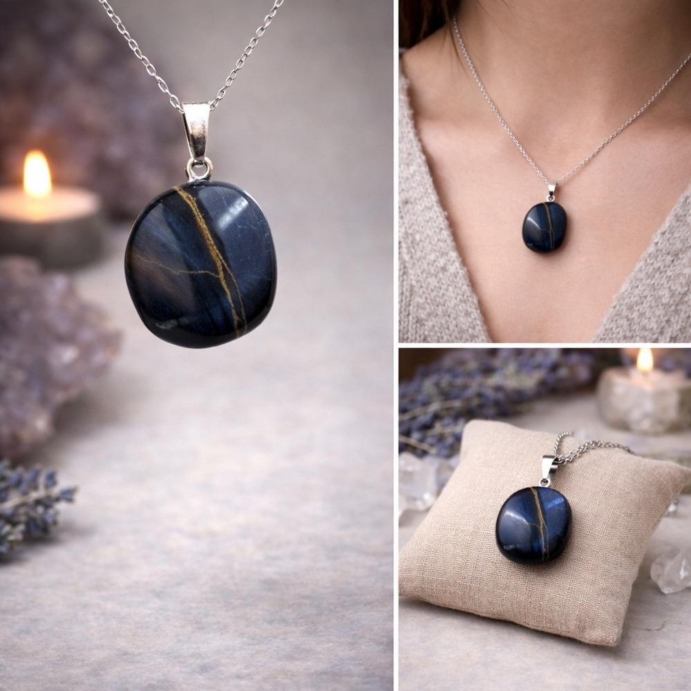 Blue Tiger's‎ Eye Pendant Boho Witchy Crystal Stone Jewelry